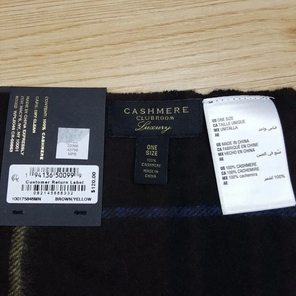 CLUB ROOM Mens Scarf Brown Plaid 100% Cashmere Fringe Rectangle Soft Knit 63x13